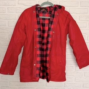 Rainbow bridge red raincoat with black red checkered lining size small women’s